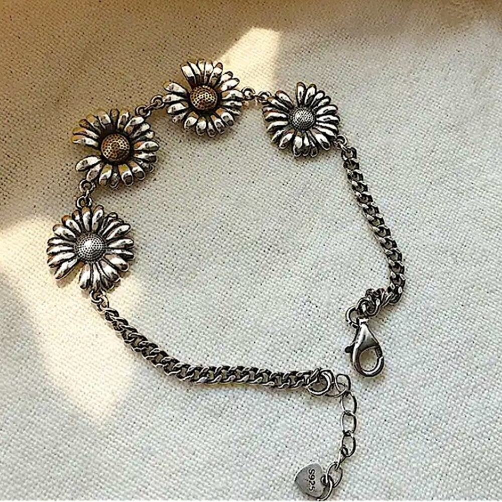 Sterling Silver Sunflower Chain Link Minimalist Bracelet - Picture 2 of 5